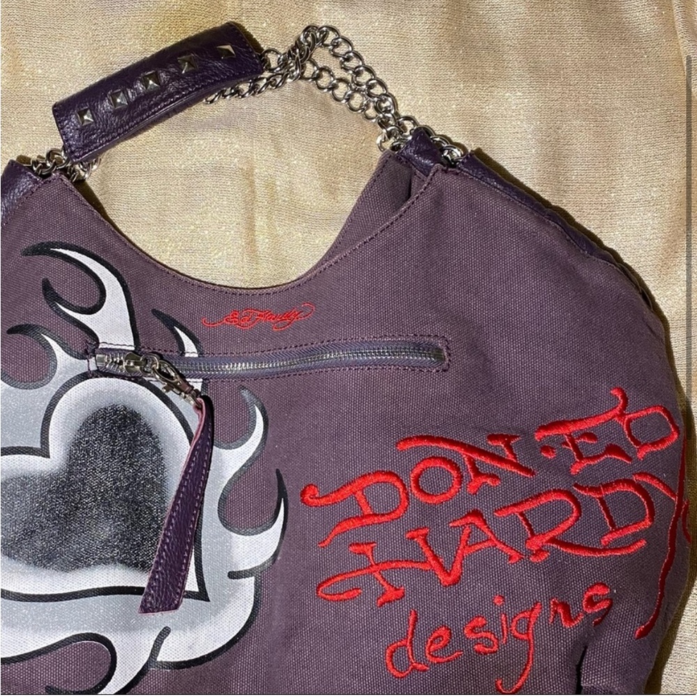vintage ed hardy graphic canvas tote bag with chain straps - Picture 3 of 4